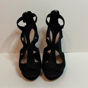 Alexander McQueen Black Suede Curved Caged Abstract Cutout Heels Size 36 1/2